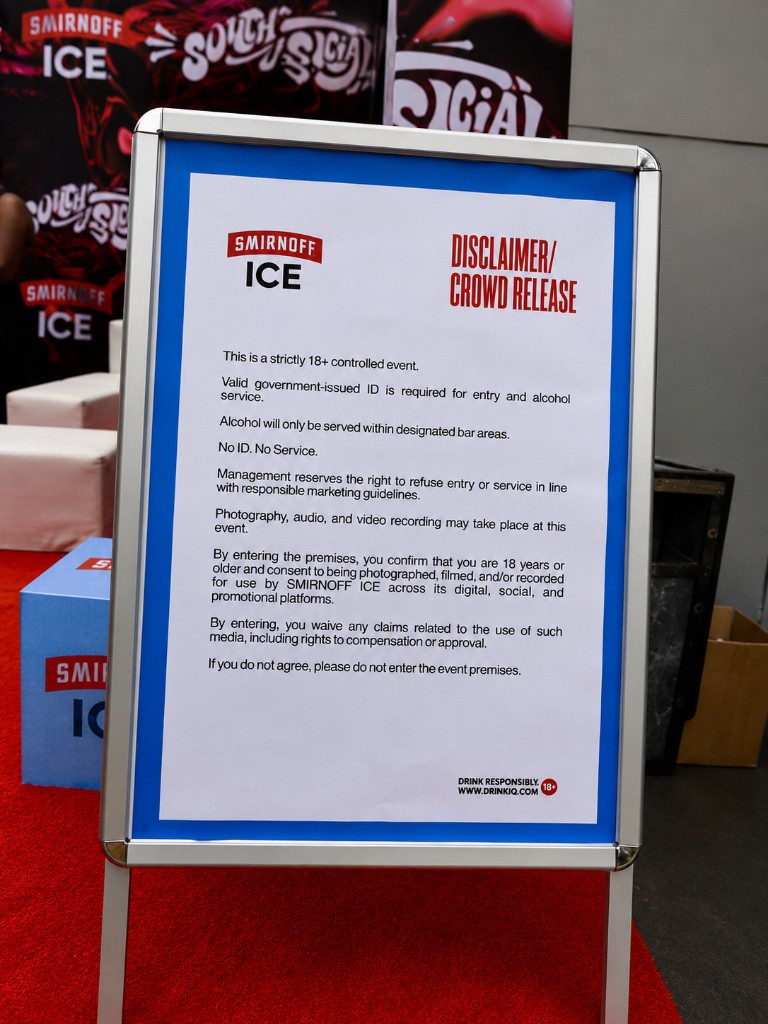 Smirnoff Ice — South Social — event disclaimer signage